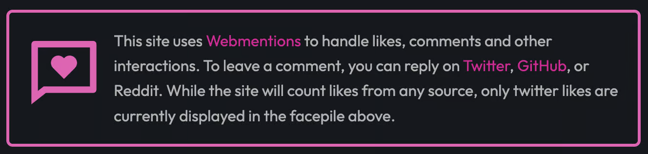 The new Webmention instructions element which is linking to a github issue and a tweet