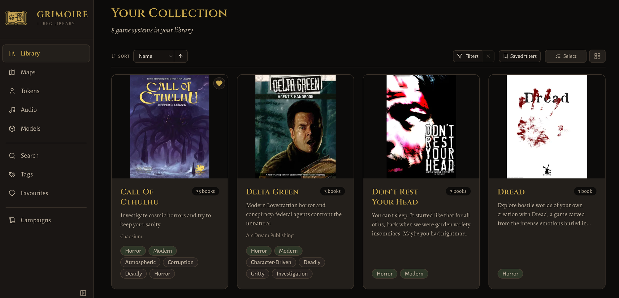 The Grimoire Library view, showing my collection of horror TTRPGs